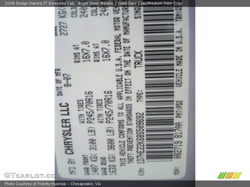 Bright Silver Metallic / Dark Slate Gray/Medium Slate Gray 2008 Dodge Dakota ST Extended Cab