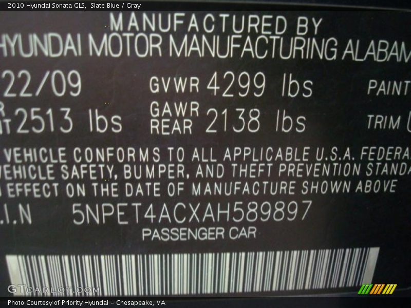 Slate Blue / Gray 2010 Hyundai Sonata GLS