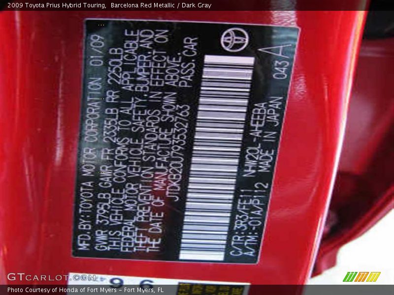 Barcelona Red Metallic / Dark Gray 2009 Toyota Prius Hybrid Touring
