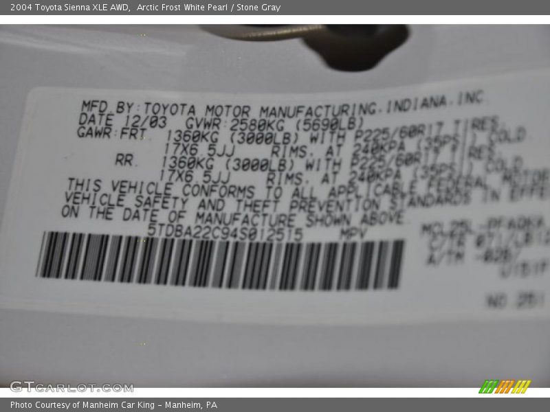 Arctic Frost White Pearl / Stone Gray 2004 Toyota Sienna XLE AWD