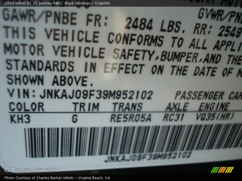 2009 EX 35 Journey AWD Black Obsidian Color Code KH3