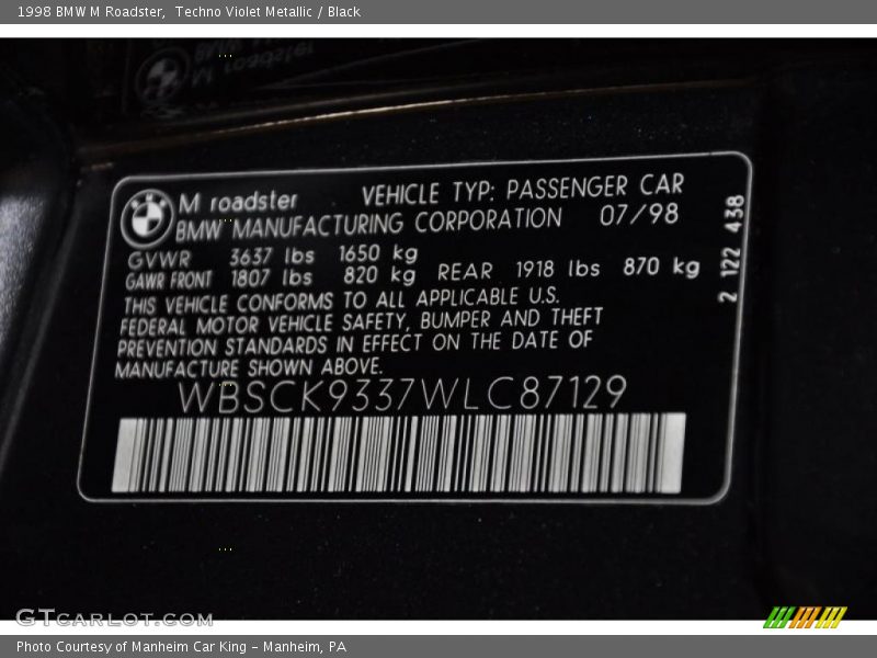 Info Tag of 1998 M Roadster