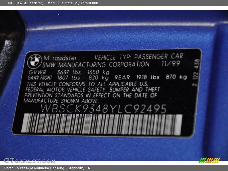 Info Tag of 2000 M Roadster