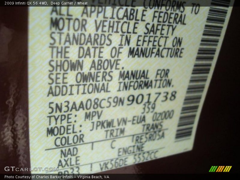 2009 QX 56 4WD Deep Garnet Color Code NAD