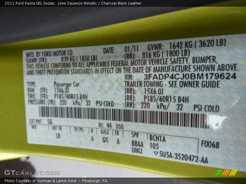 2011 Fiesta SEL Sedan Lime Squeeze Metallic Color Code SQ