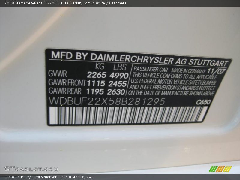 2008 E 320 BlueTEC Sedan Arctic White Color Code 650