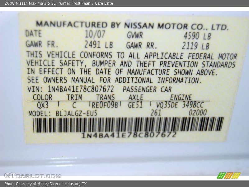 Winter Frost Pearl / Cafe Latte 2008 Nissan Maxima 3.5 SL