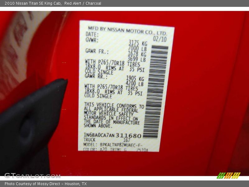 2010 Titan SE King Cab Red Alert Color Code A20