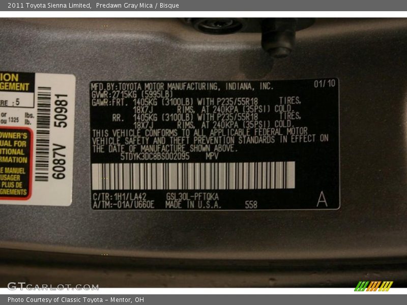 Predawn Gray Mica / Bisque 2011 Toyota Sienna Limited