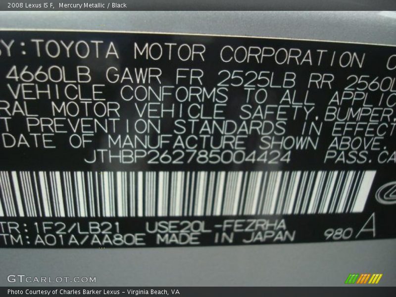 2008 IS F Mercury Metallic Color Code 1F2