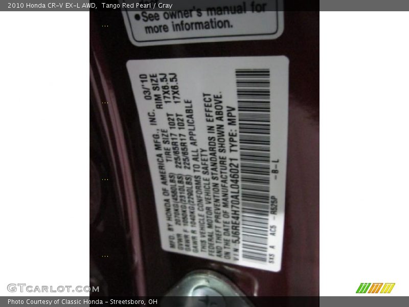 Tango Red Pearl / Gray 2010 Honda CR-V EX-L AWD