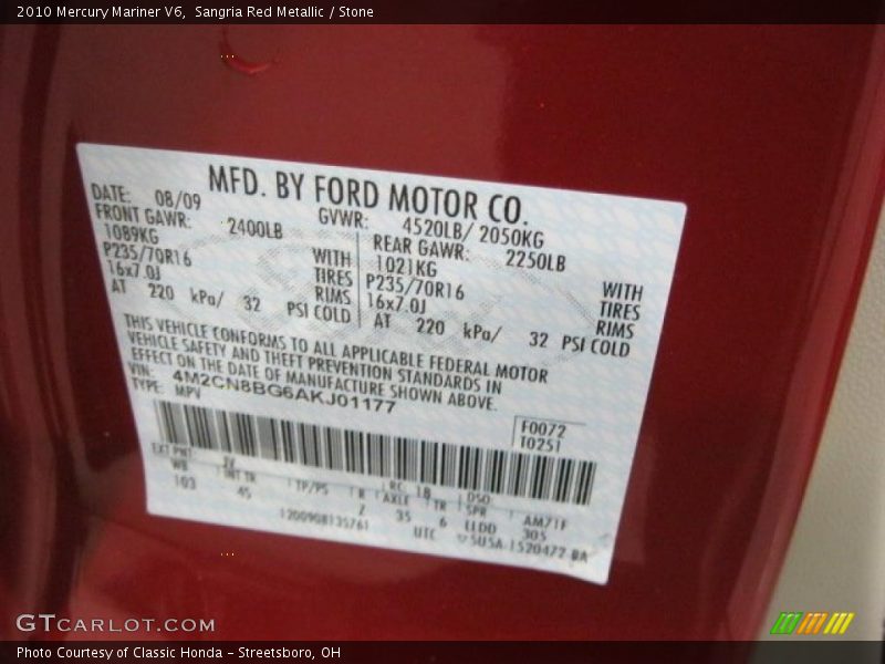 2010 Mariner V6 Sangria Red Metallic Color Code JV