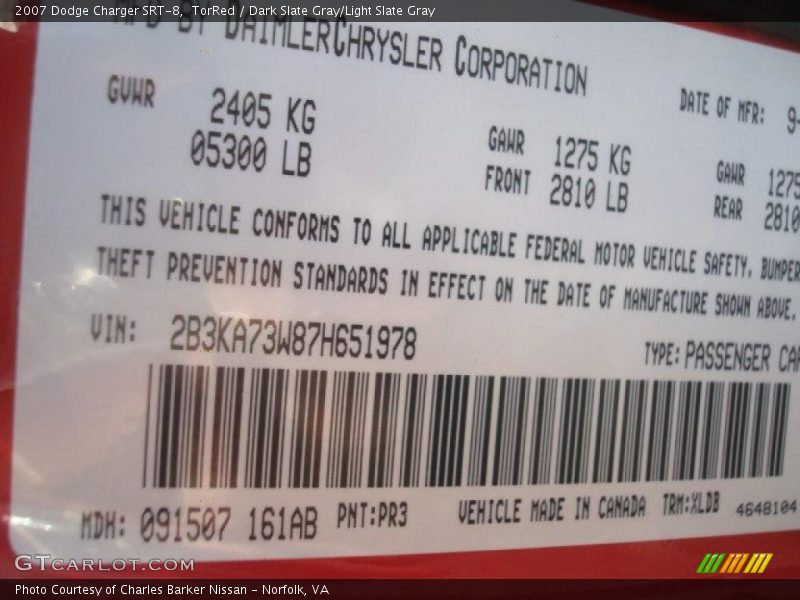 TorRed / Dark Slate Gray/Light Slate Gray 2007 Dodge Charger SRT-8
