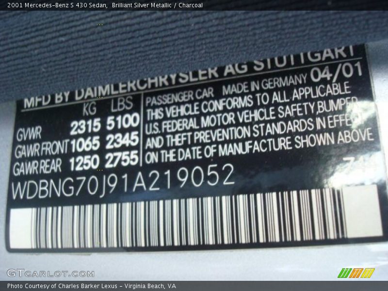 Brilliant Silver Metallic / Charcoal 2001 Mercedes-Benz S 430 Sedan