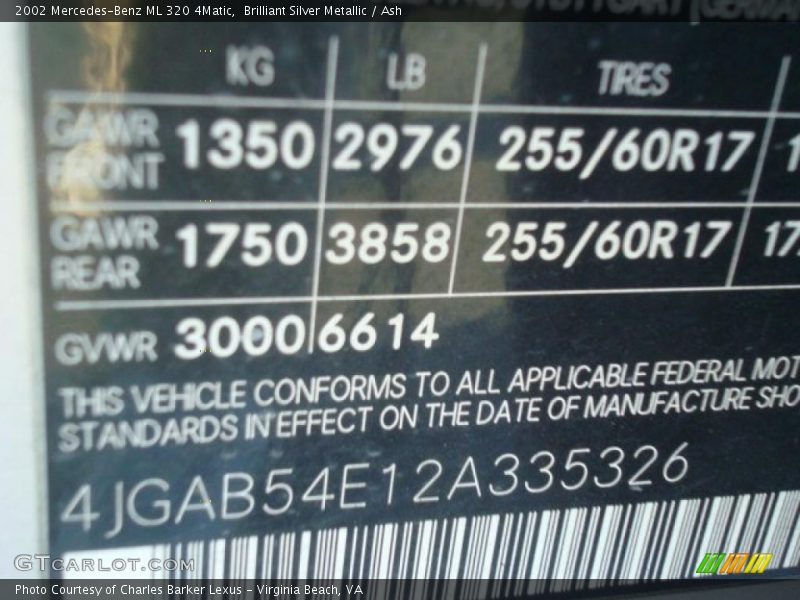Brilliant Silver Metallic / Ash 2002 Mercedes-Benz ML 320 4Matic