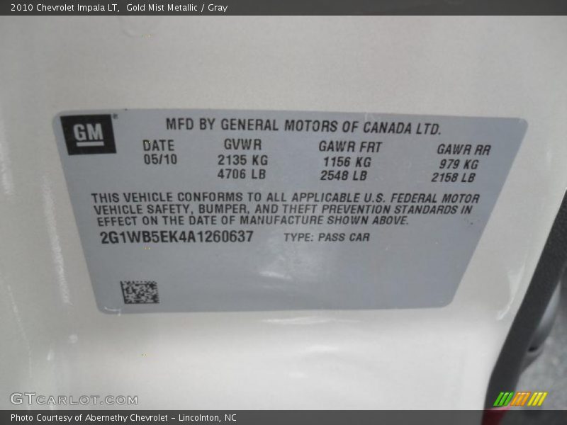 Gold Mist Metallic / Gray 2010 Chevrolet Impala LT