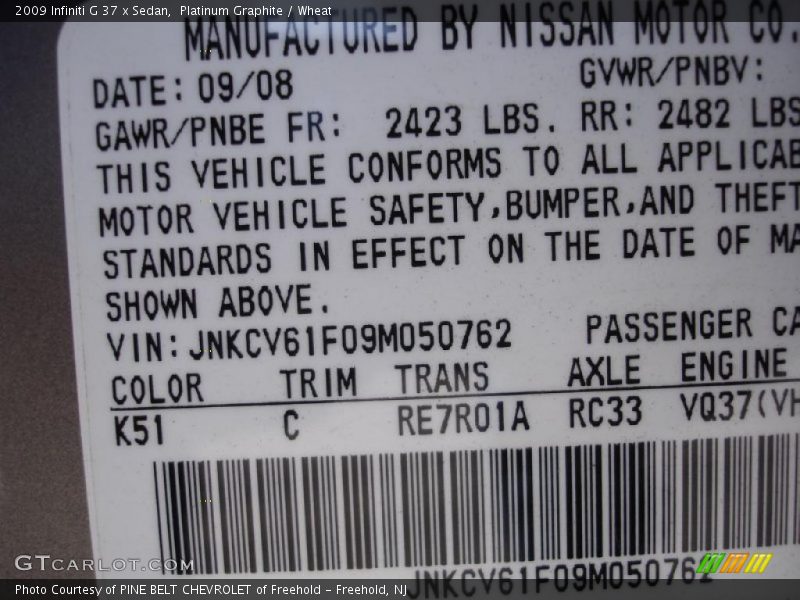 Platinum Graphite / Wheat 2009 Infiniti G 37 x Sedan