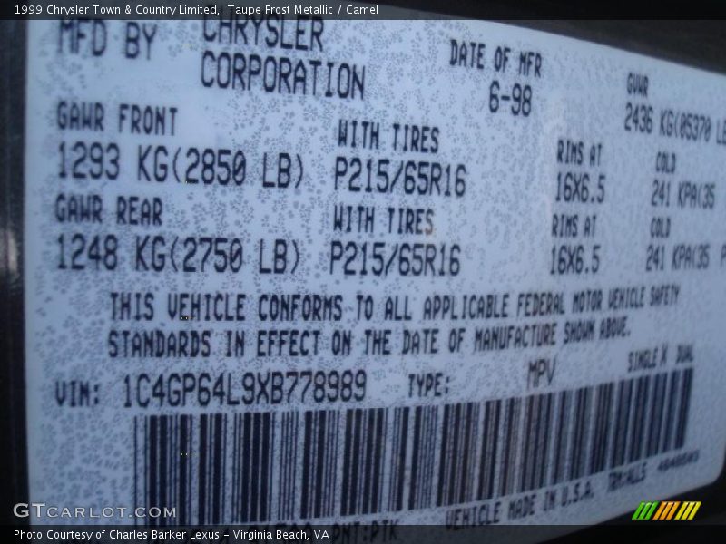 Taupe Frost Metallic / Camel 1999 Chrysler Town & Country Limited