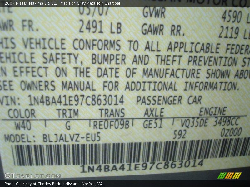 Precision Gray Metallic / Charcoal 2007 Nissan Maxima 3.5 SE