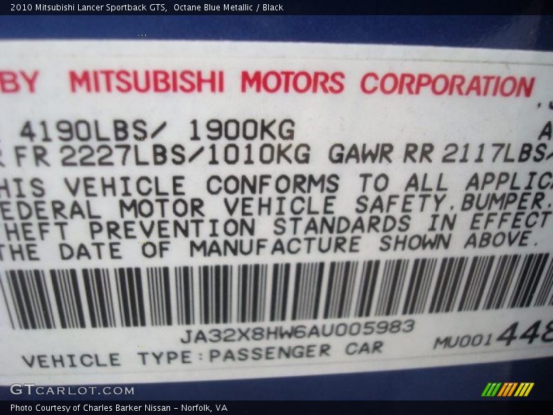 Octane Blue Metallic / Black 2010 Mitsubishi Lancer Sportback GTS
