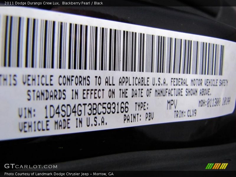 2011 Durango Crew Lux Blackberry Pearl Color Code PBV