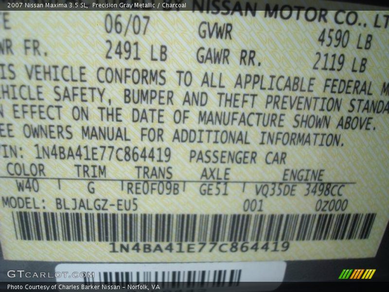 Precision Gray Metallic / Charcoal 2007 Nissan Maxima 3.5 SL