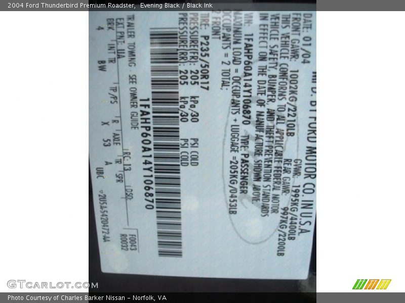 2004 Thunderbird Premium Roadster Evening Black Color Code UA
