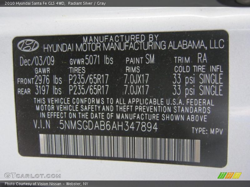 Radiant Silver / Gray 2010 Hyundai Santa Fe GLS 4WD