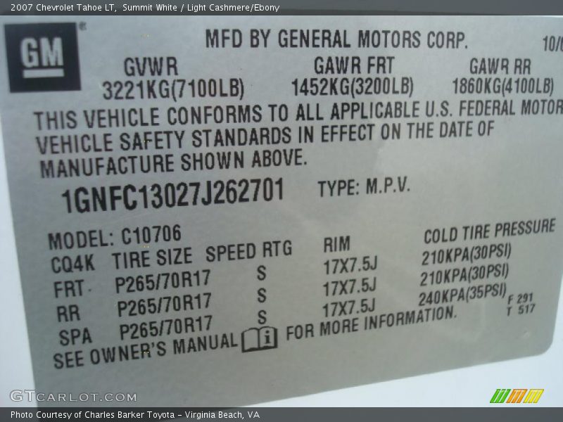 Summit White / Light Cashmere/Ebony 2007 Chevrolet Tahoe LT
