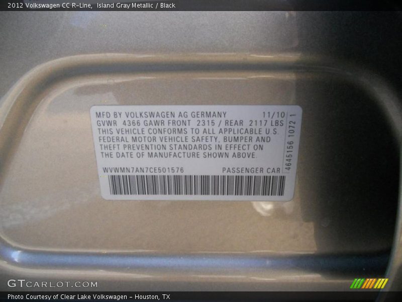 Island Gray Metallic / Black 2012 Volkswagen CC R-Line