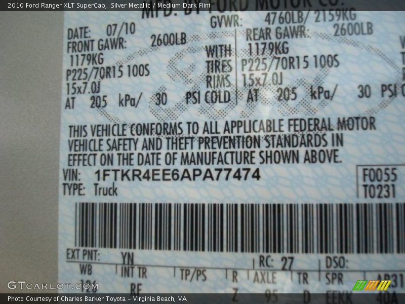 Silver Metallic / Medium Dark Flint 2010 Ford Ranger XLT SuperCab