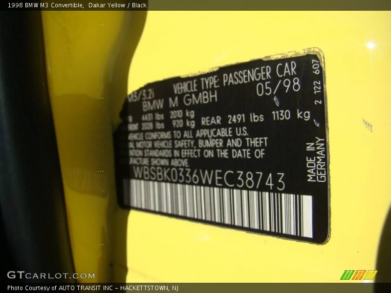 Info Tag of 1998 M3 Convertible