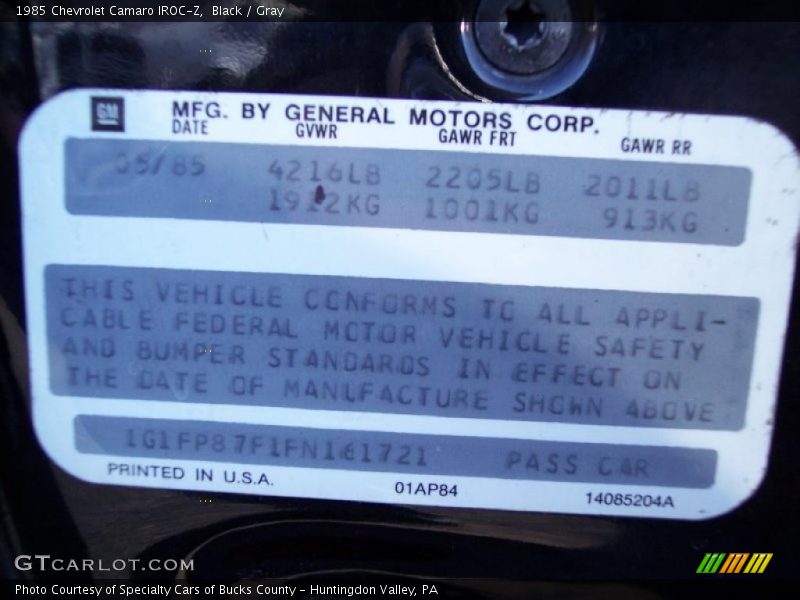 Info Tag of 1985 Camaro IROC-Z