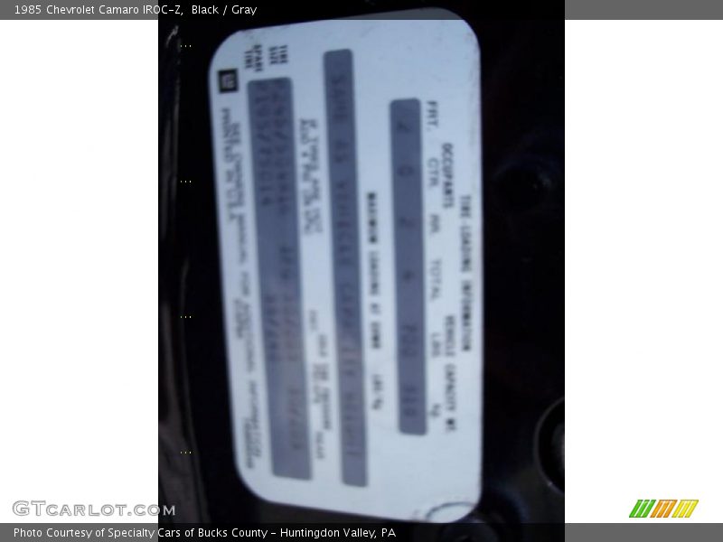 Info Tag of 1985 Camaro IROC-Z
