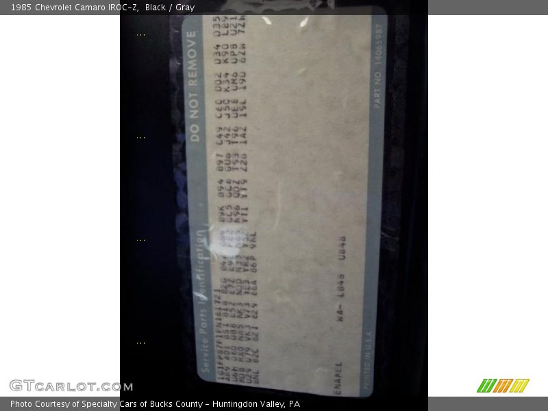 Info Tag of 1985 Camaro IROC-Z