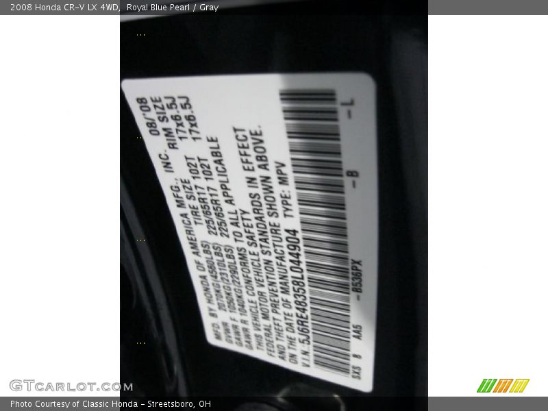 Royal Blue Pearl / Gray 2008 Honda CR-V LX 4WD