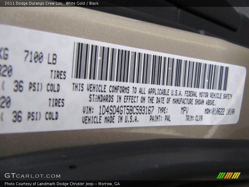 2011 Durango Crew Lux White Gold Color Code PWL