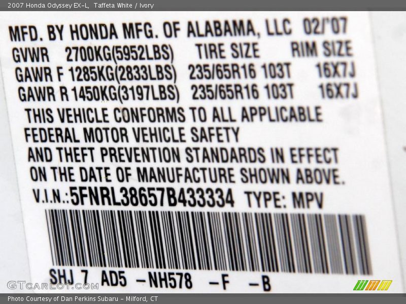 Taffeta White / Ivory 2007 Honda Odyssey EX-L