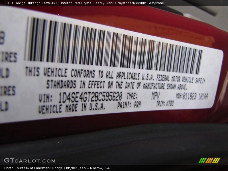 2011 Durango Crew 4x4 Inferno Red Crystal Pearl Color Code PRH
