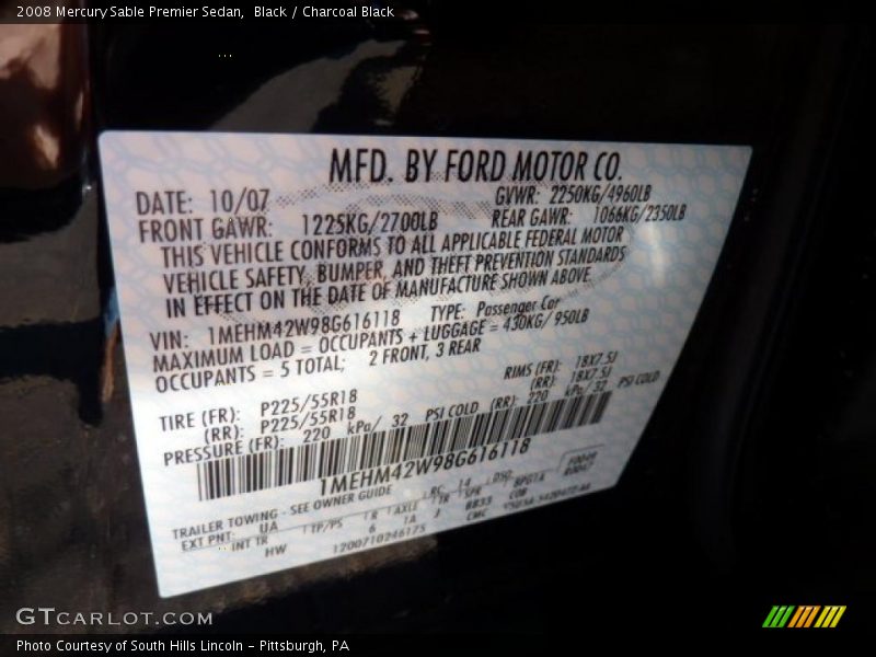 Black / Charcoal Black 2008 Mercury Sable Premier Sedan