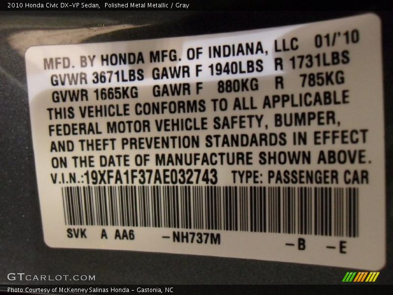Polished Metal Metallic / Gray 2010 Honda Civic DX-VP Sedan
