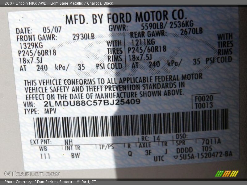 Light Sage Metallic / Charcoal Black 2007 Lincoln MKX AWD
