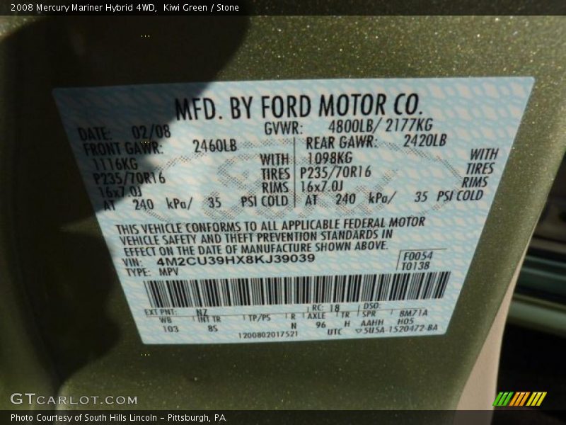 2008 Mariner Hybrid 4WD Kiwi Green Color Code NZ