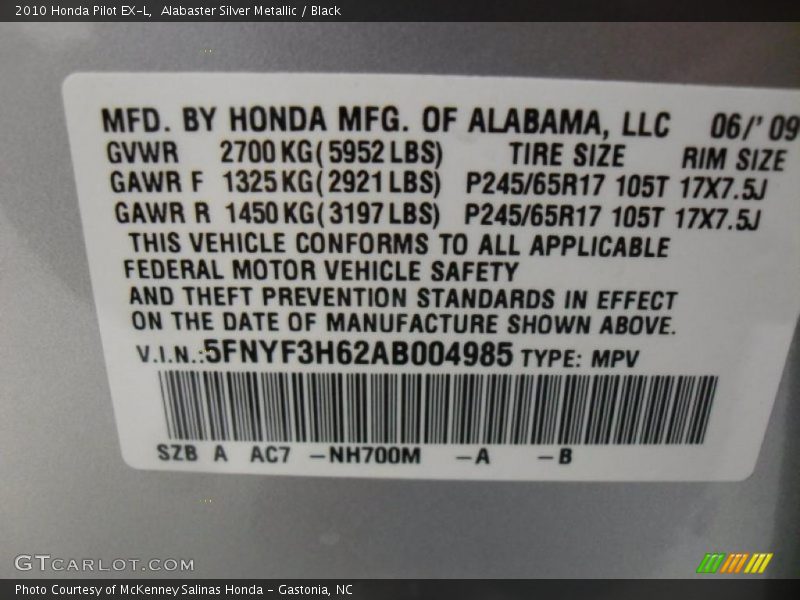 Alabaster Silver Metallic / Black 2010 Honda Pilot EX-L