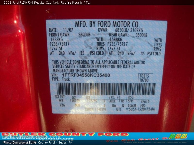 Redfire Metallic / Tan 2008 Ford F150 FX4 Regular Cab 4x4