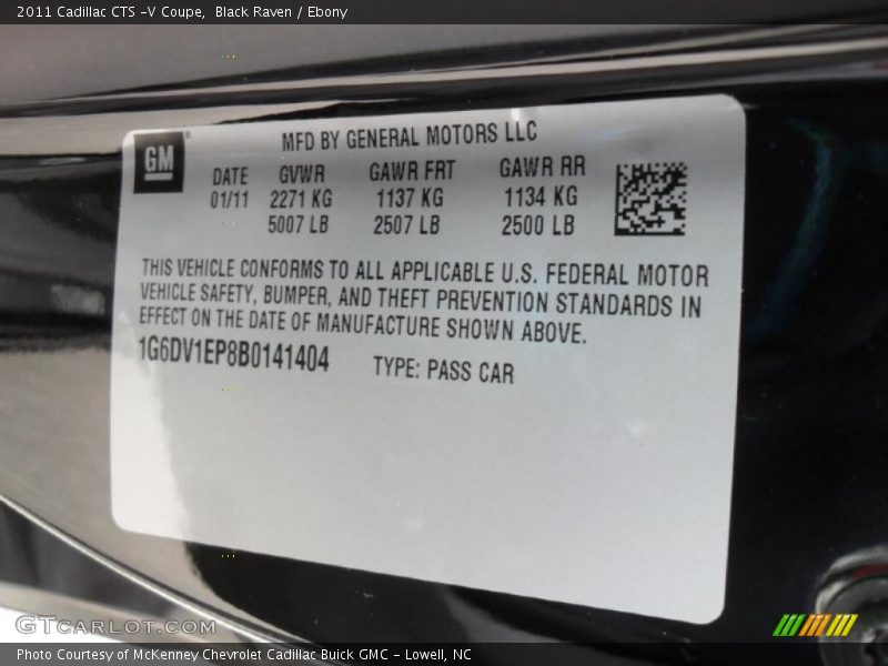 Info Tag of 2011 CTS -V Coupe