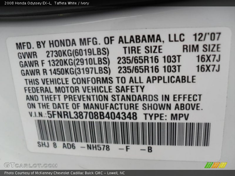 Taffeta White / Ivory 2008 Honda Odyssey EX-L