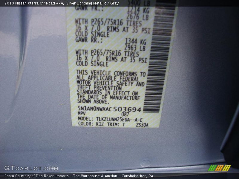 Silver Lightning Metallic / Gray 2010 Nissan Xterra Off Road 4x4