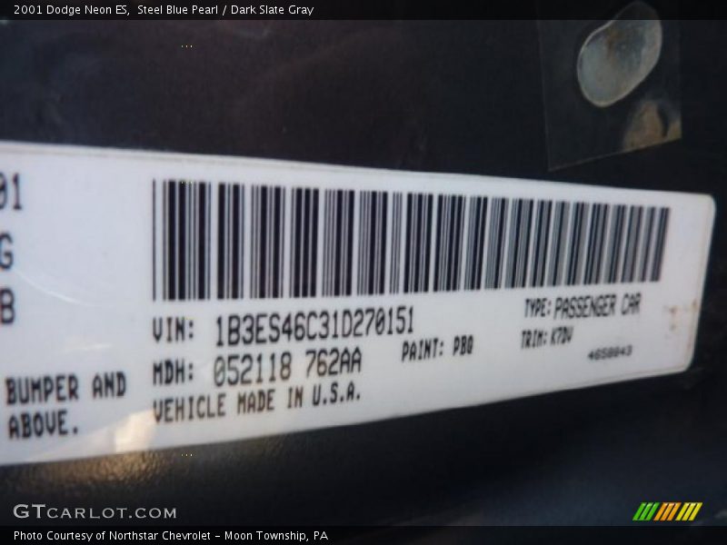 Steel Blue Pearl / Dark Slate Gray 2001 Dodge Neon ES