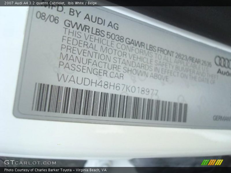 Ibis White / Beige 2007 Audi A4 3.2 quattro Cabriolet